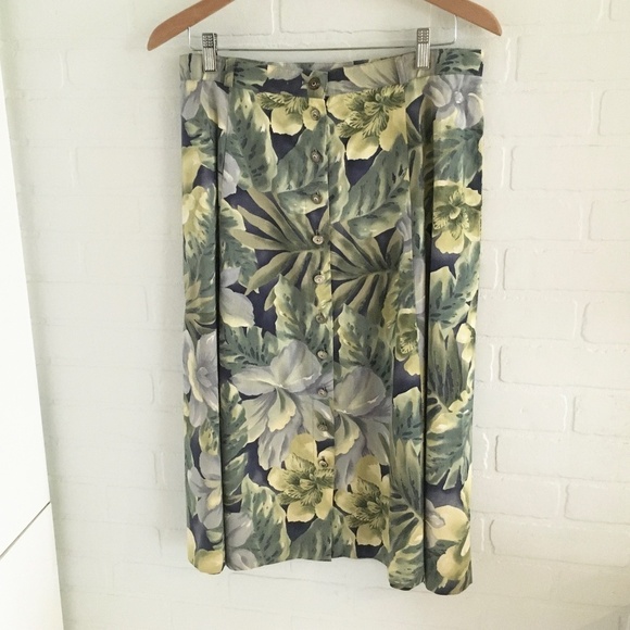NWOT Vintage Midi Skirt Floral Tropical Leaves Print Button down Blue Cream 16 - Picture 1 of 9